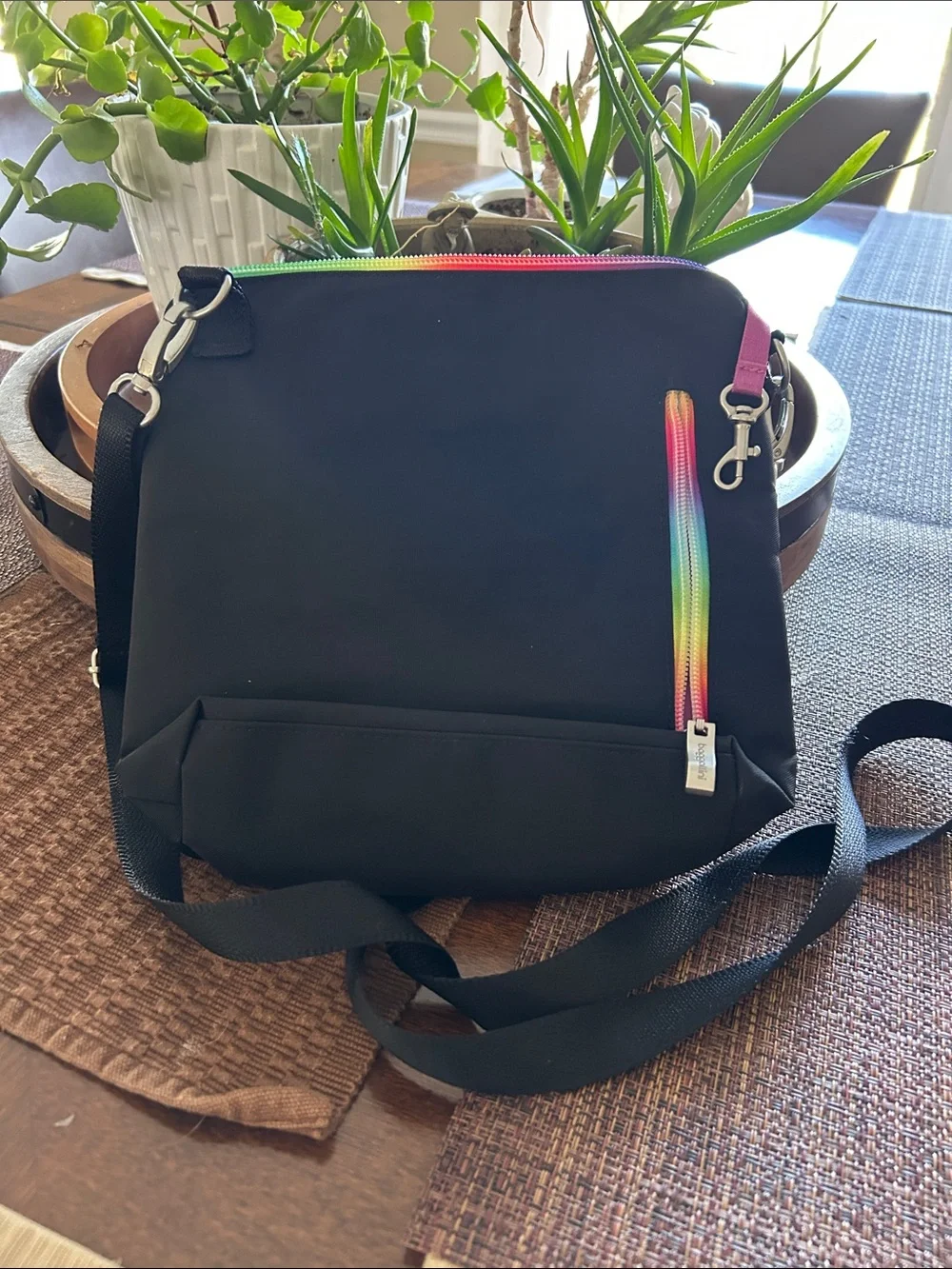 Baggallini Black Messenger Bag with Rainbow Zippers
